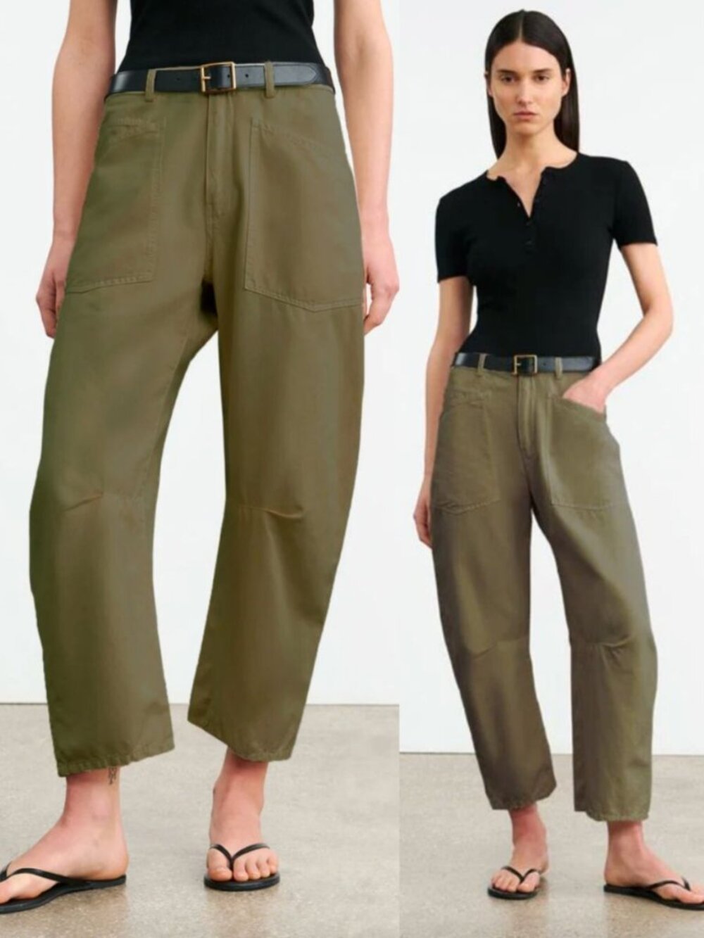 Nili Lotan Shon Pant Olive Green Barrel Leg Linen Cotton Cropped Ankle Size 0